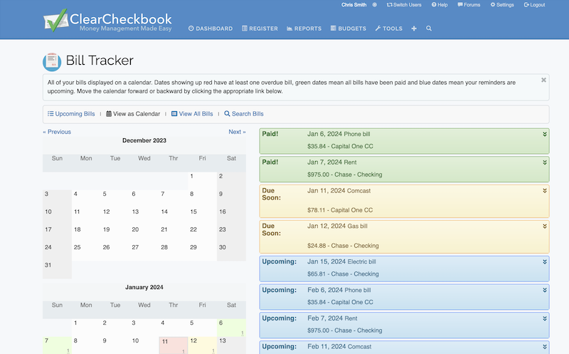 ClearCheckbook Bill Tracker