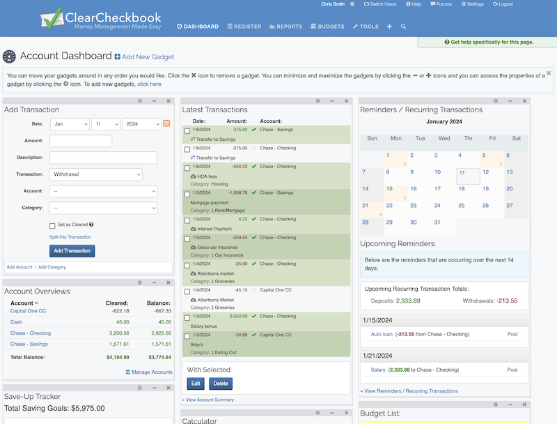 ClearCheckbook Account Dashboard