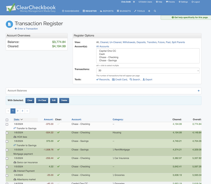 ClearCheckbook Account Reconciling