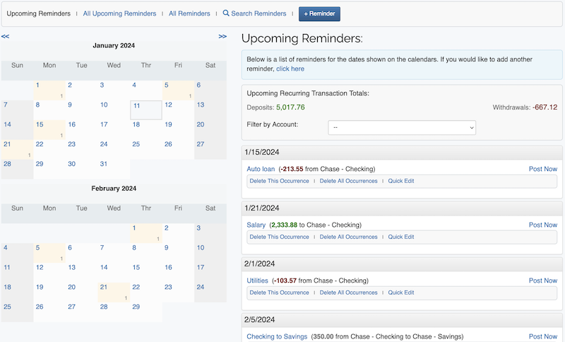 ClearCheckbook Reminders and Recurring Transactions